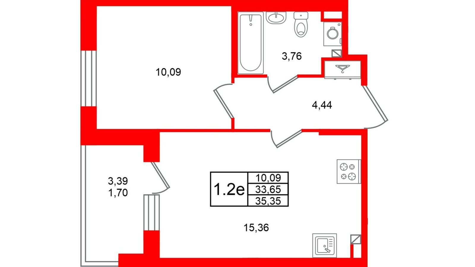 Планировка: 1-комнатная квартира, 33,7 м²