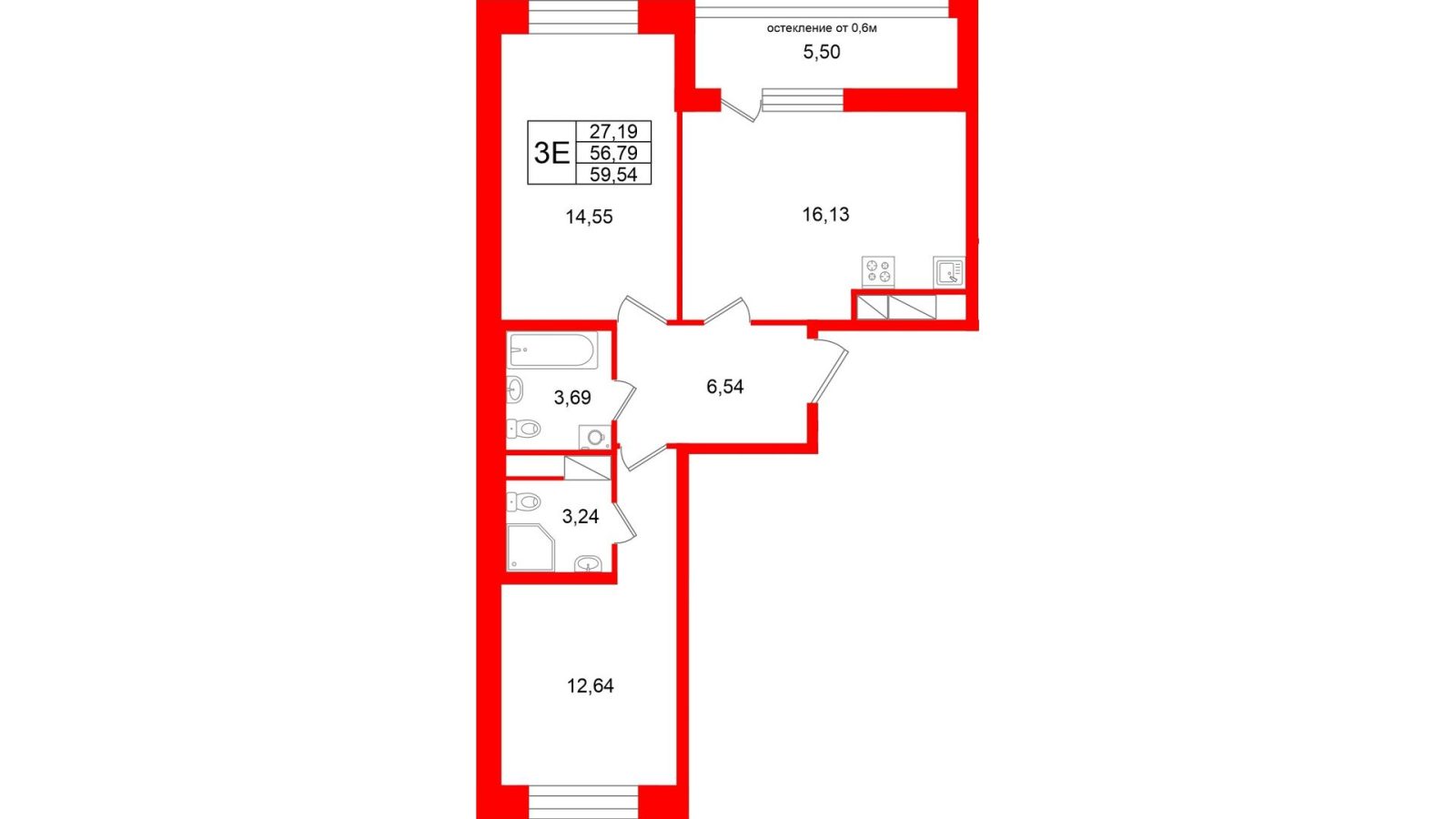 Планировка: 2-комнатная квартира, 56,8 м²