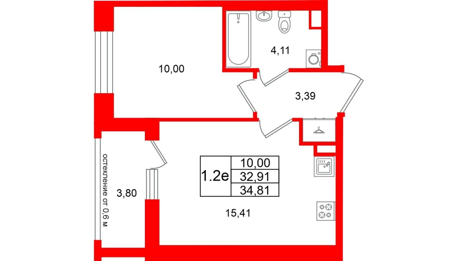 Планировка: 1-комнатная квартира, 32,9 м²