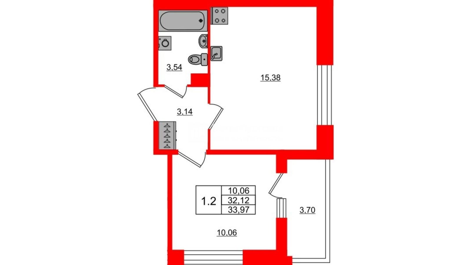Планировка: 1-комнатная квартира, 32,1 м²
