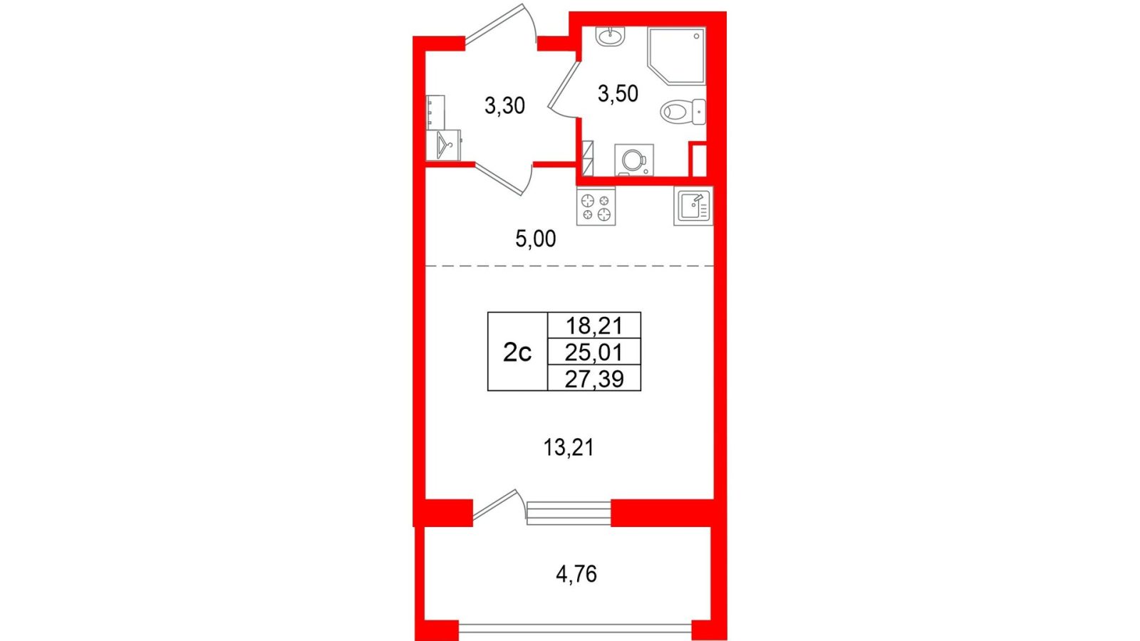 Планировка: студия, 25,0 м²