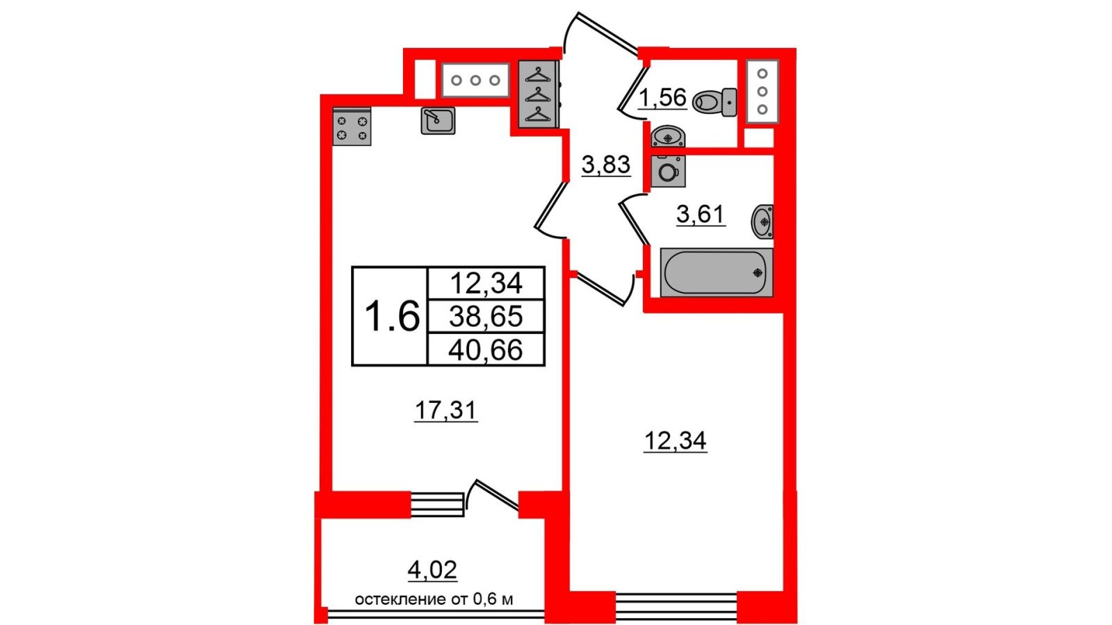 Планировка: 1-комнатная квартира, 38,7 м²