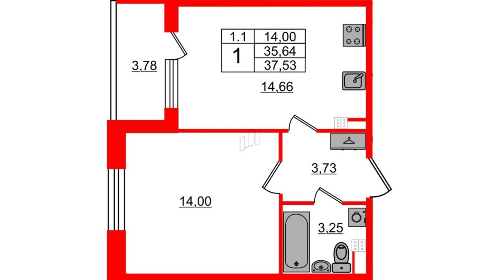 Планировка: 1-комнатная квартира, 34,9 м²
