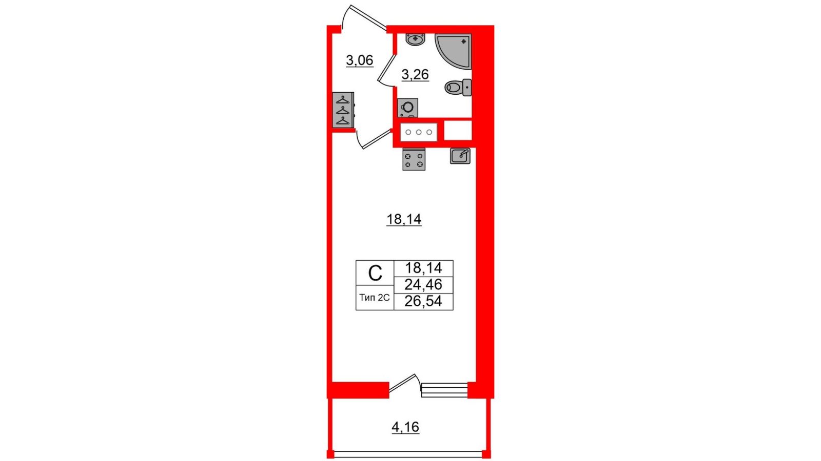 Планировка: студия, 24,5 м²