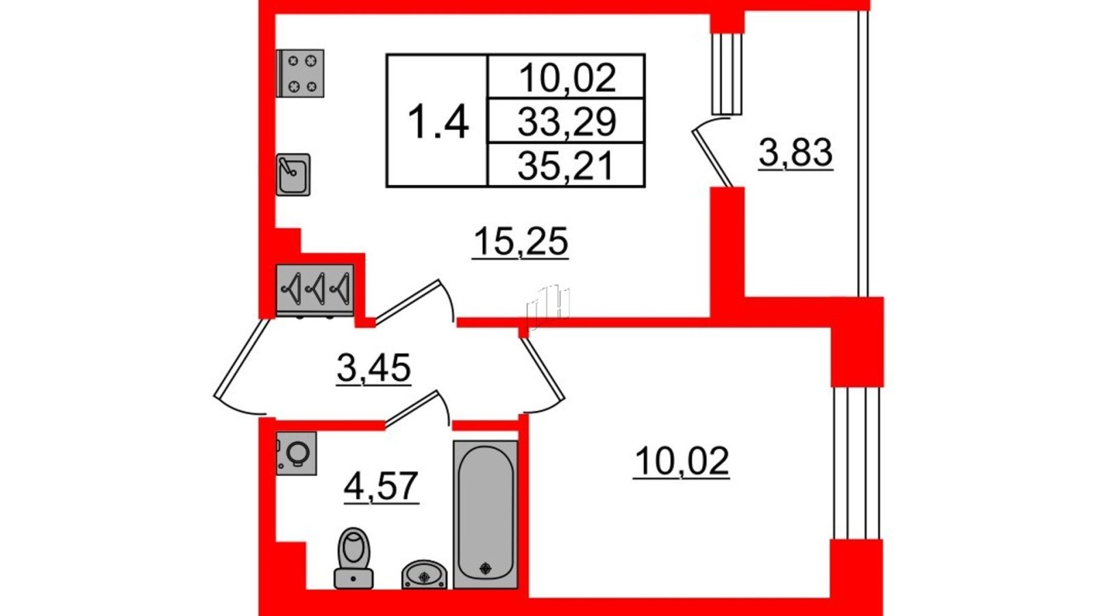 Планировка: 1-комнатная квартира, 33,3 м²