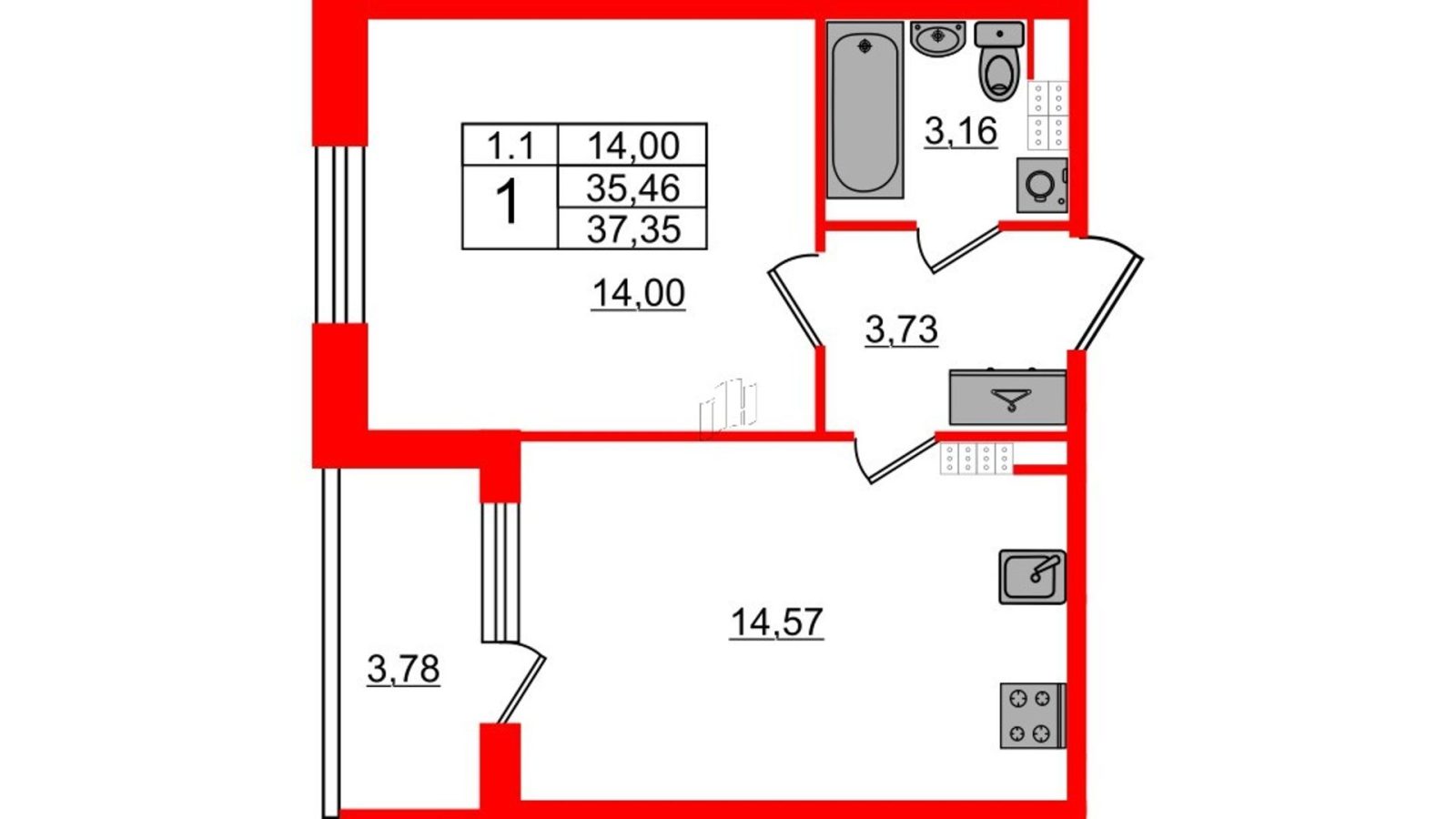 Планировка: 1-комнатная квартира, 34,6 м²