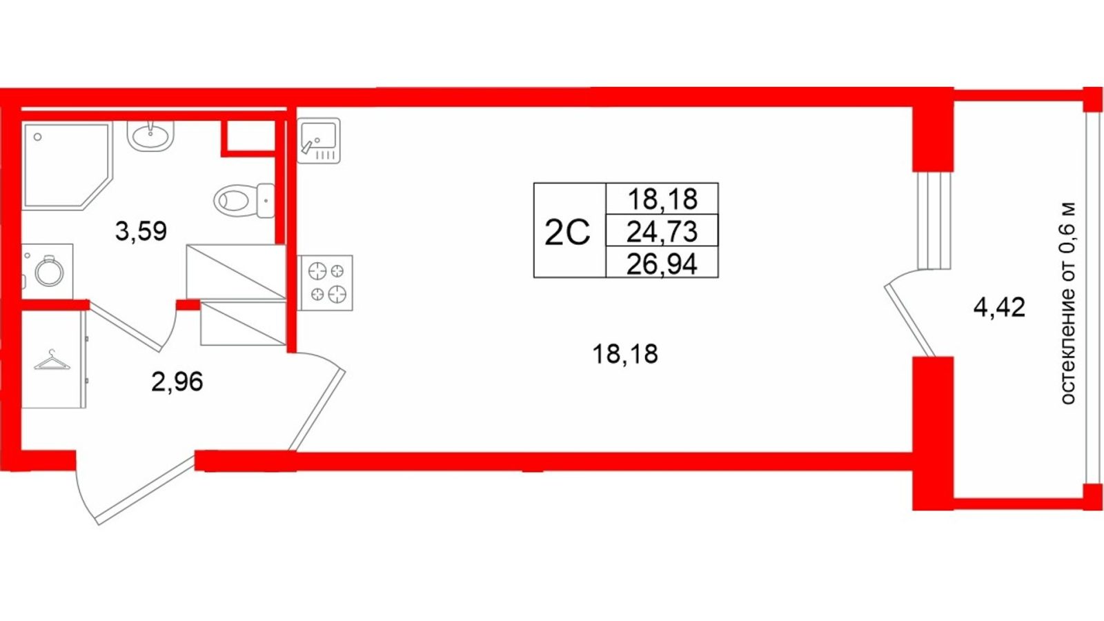 Планировка: студия, 24,7 м²
