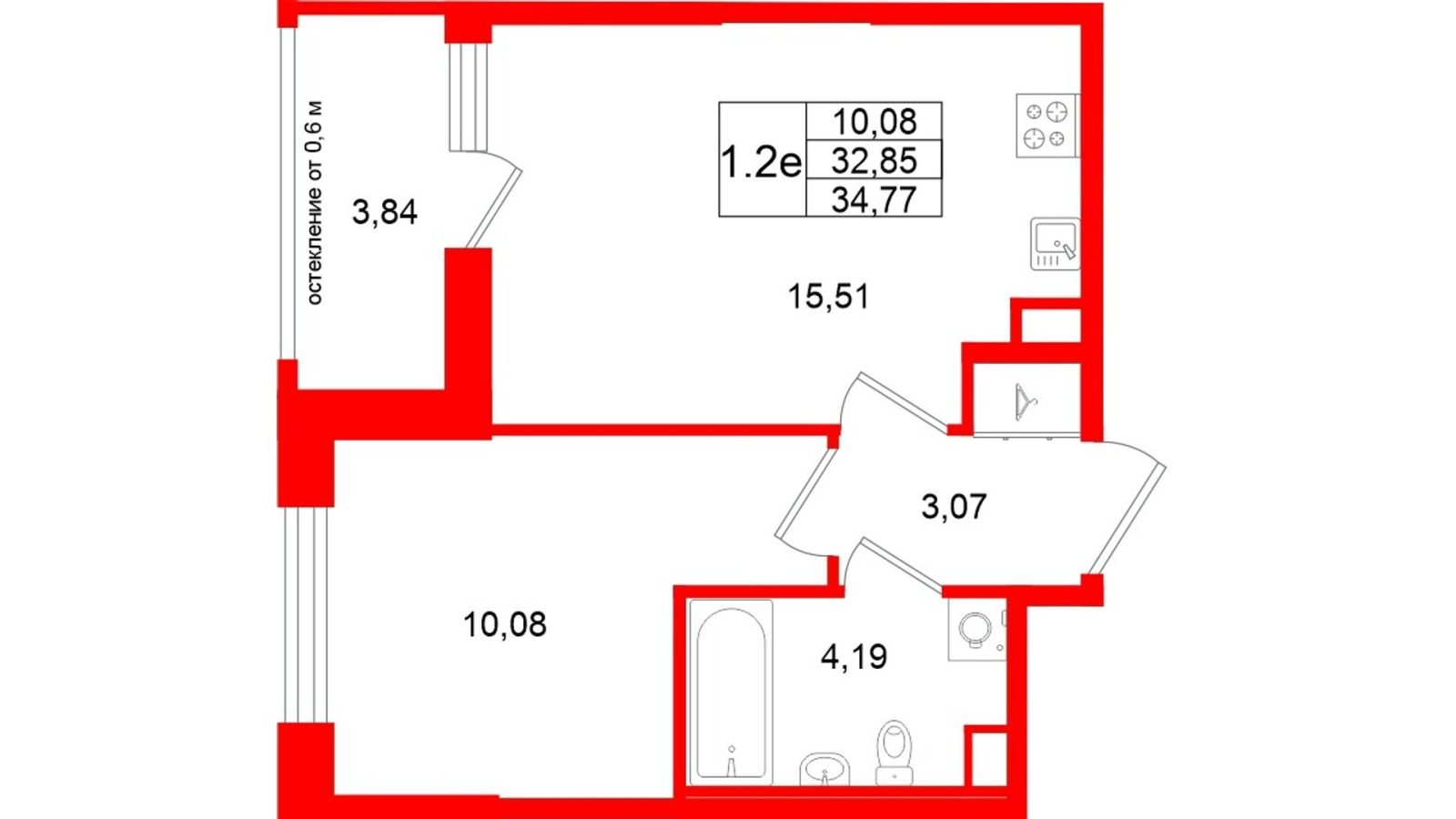 Планировка: 1-комнатная квартира, 32,9 м²