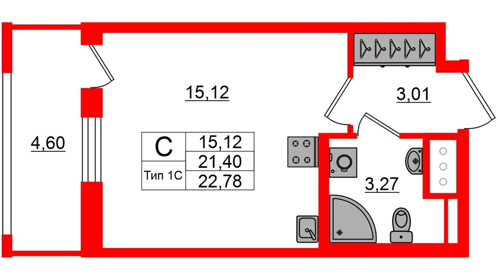 Планировка: студия, 21,4 м²