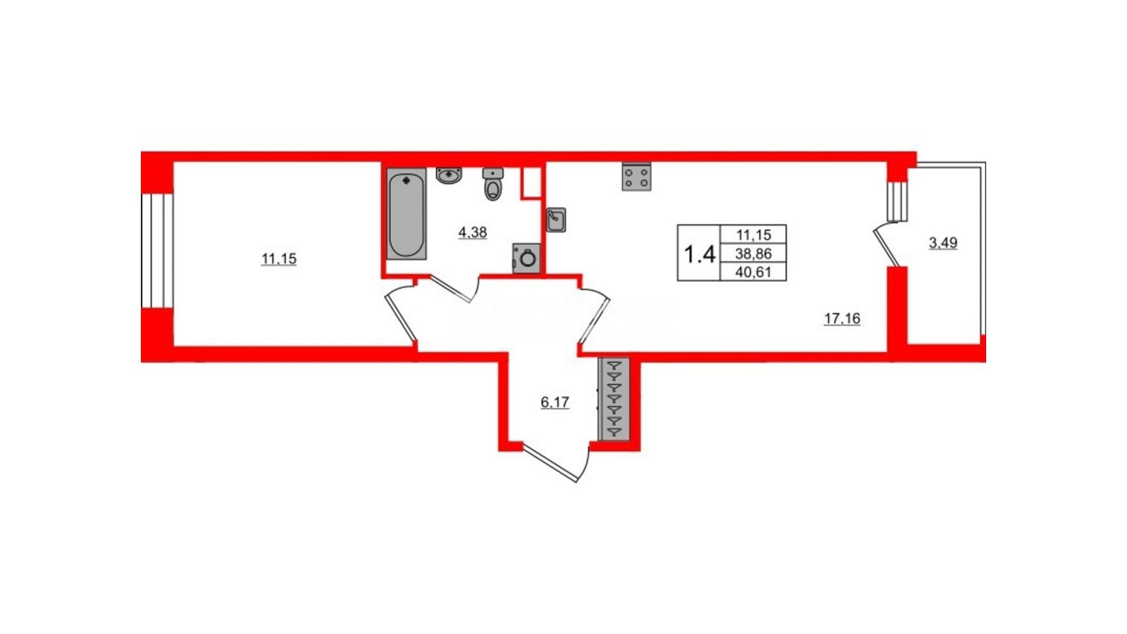 Планировка: 1-комнатная квартира, 38,9 м²
