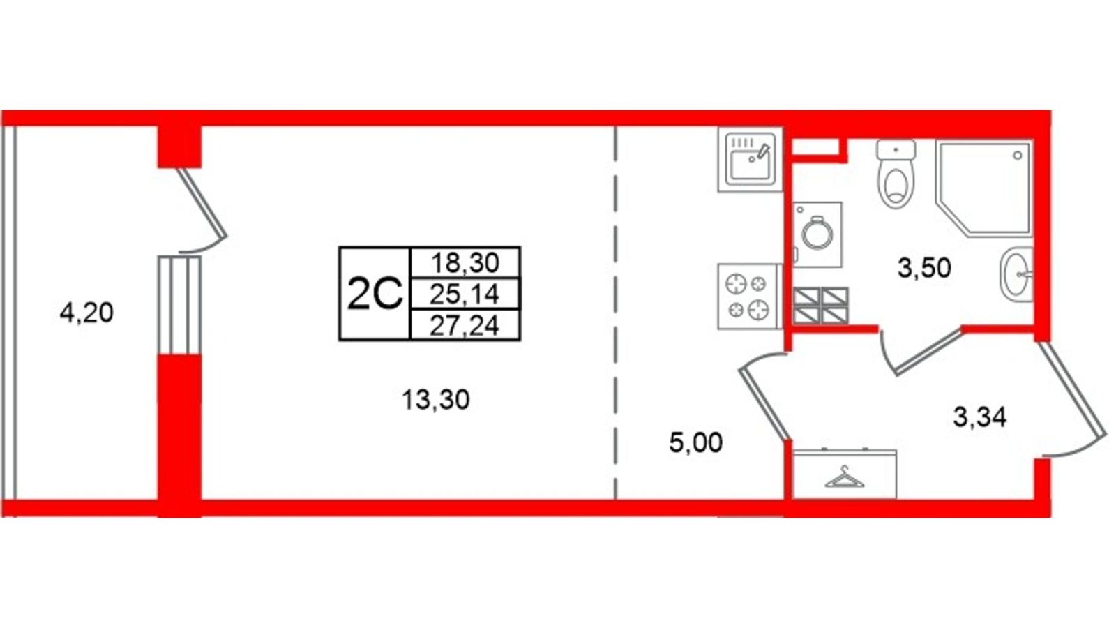 Планировка: студия, 25,1 м²