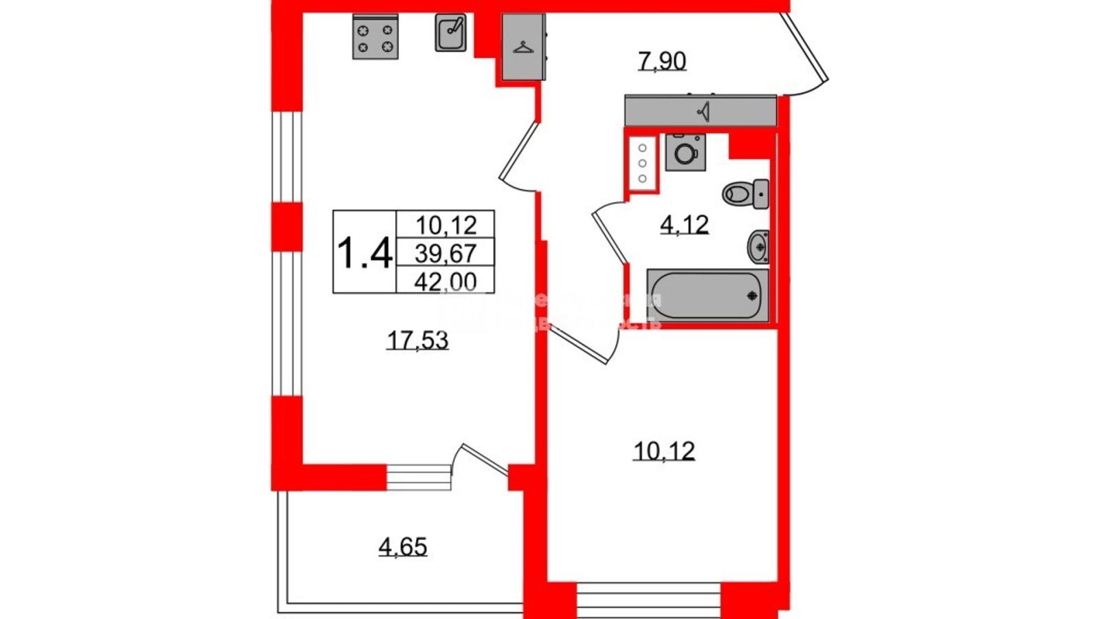 Планировка: 1-комнатная квартира, 39,7 м²