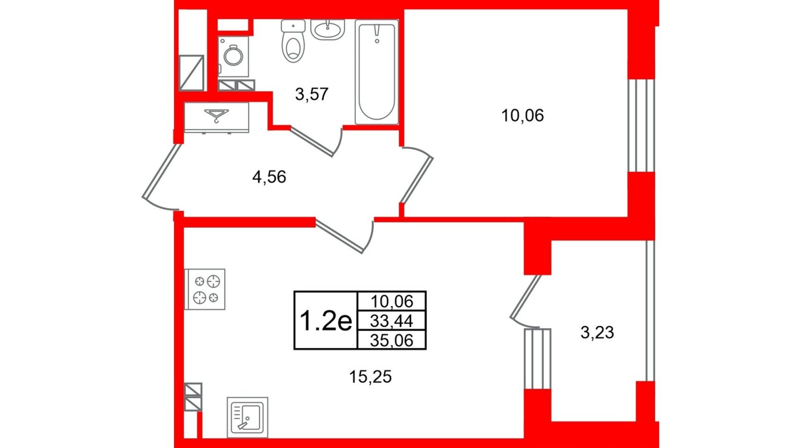 Планировка: 1-комнатная квартира, 33,4 м²
