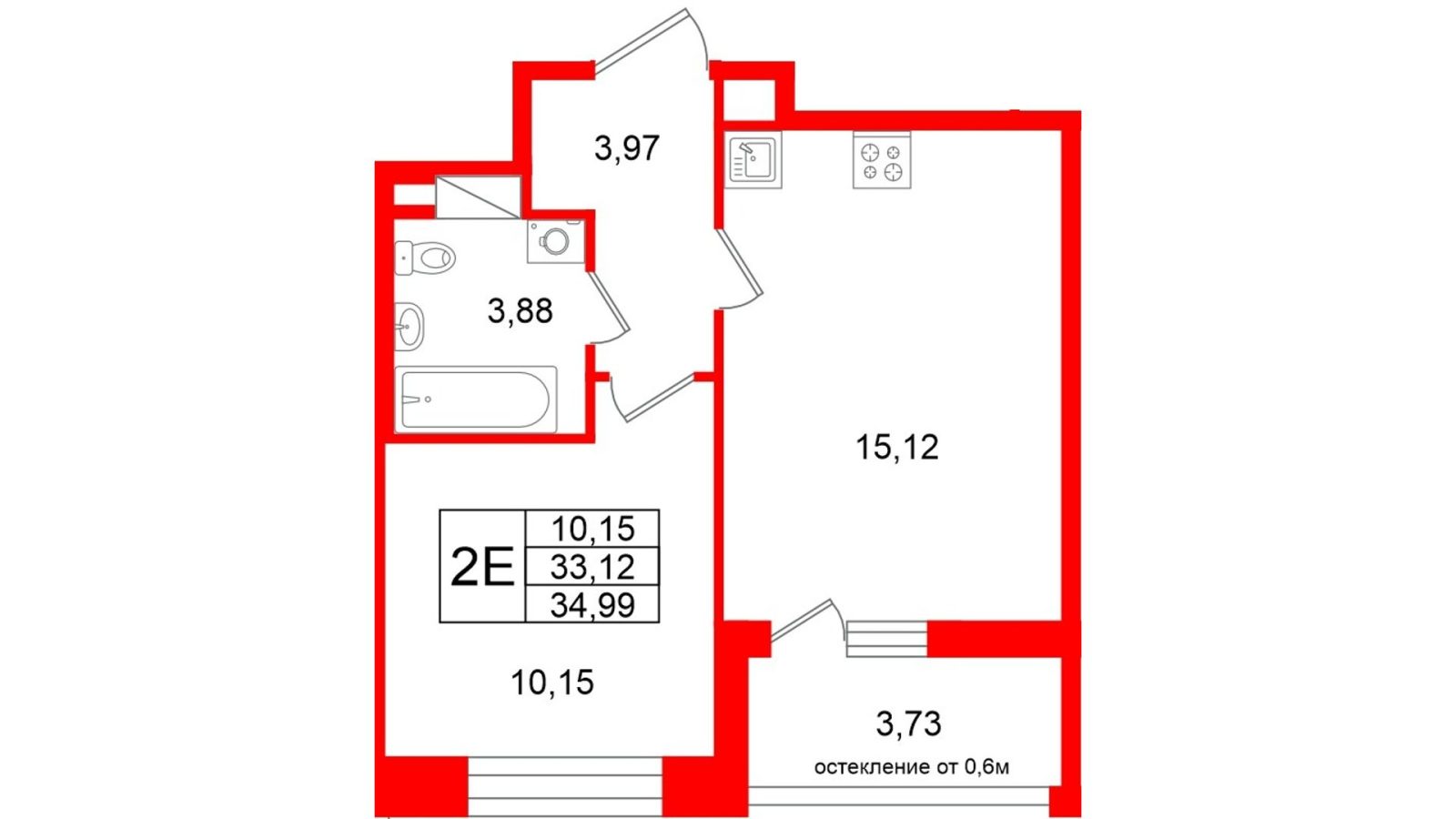 Планировка: 1-комнатная квартира, 33,1 м²