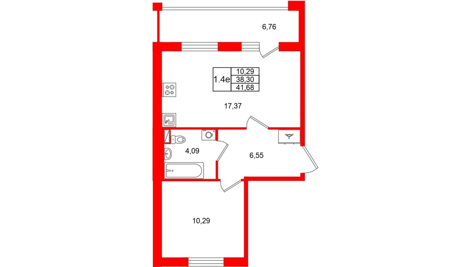 Планировка: 1-комнатная квартира, 38,3 м²