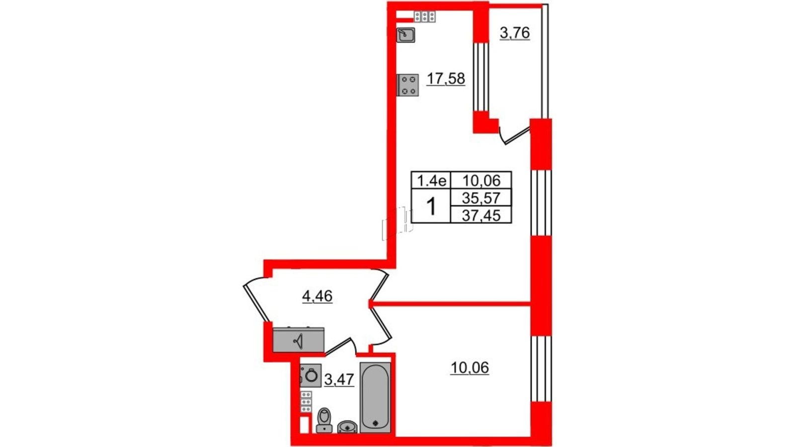 Планировка: 1-комнатная квартира, 35,6 м²