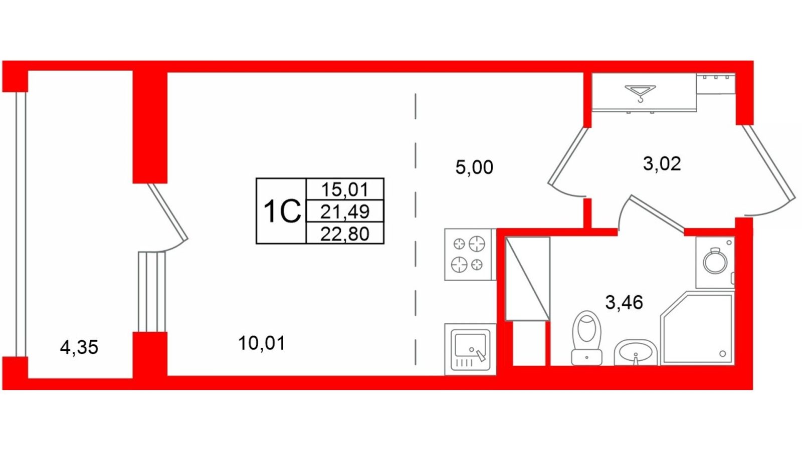 Планировка: студия, 21,5 м²