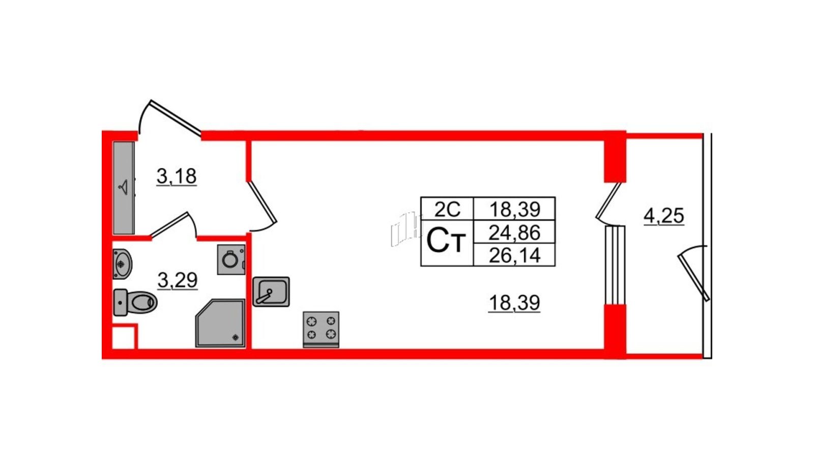 Планировка: студия, 24,4 м²
