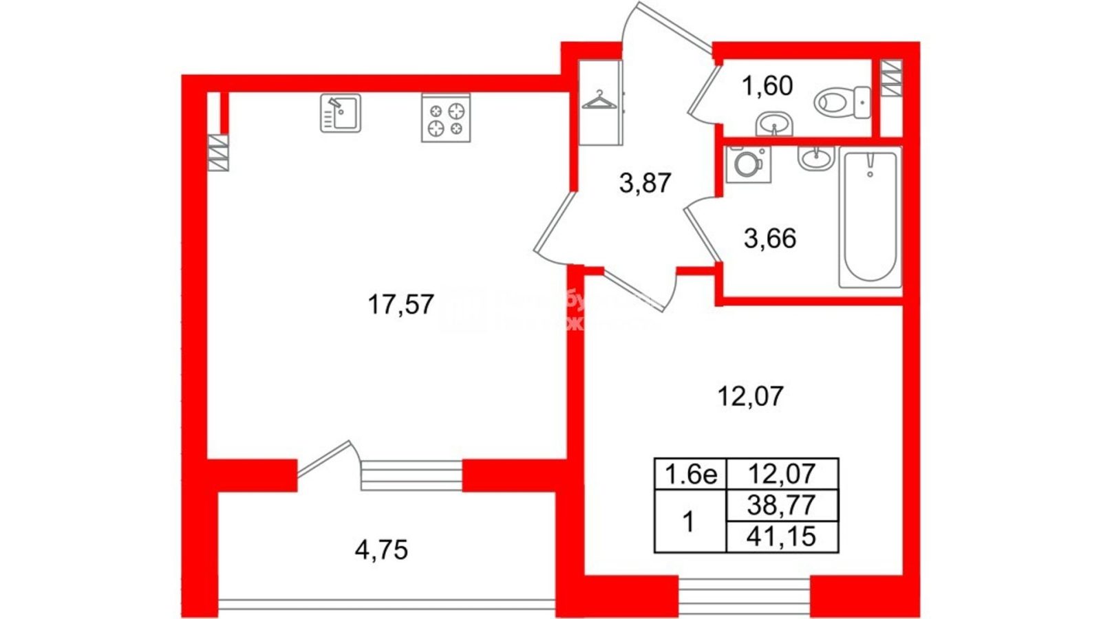 Планировка: 1-комнатная квартира, 38,8 м²