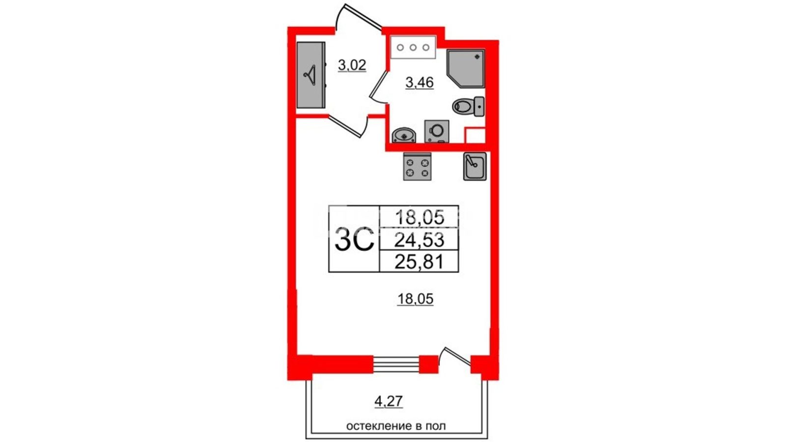 Планировка: студия, 24,5 м²