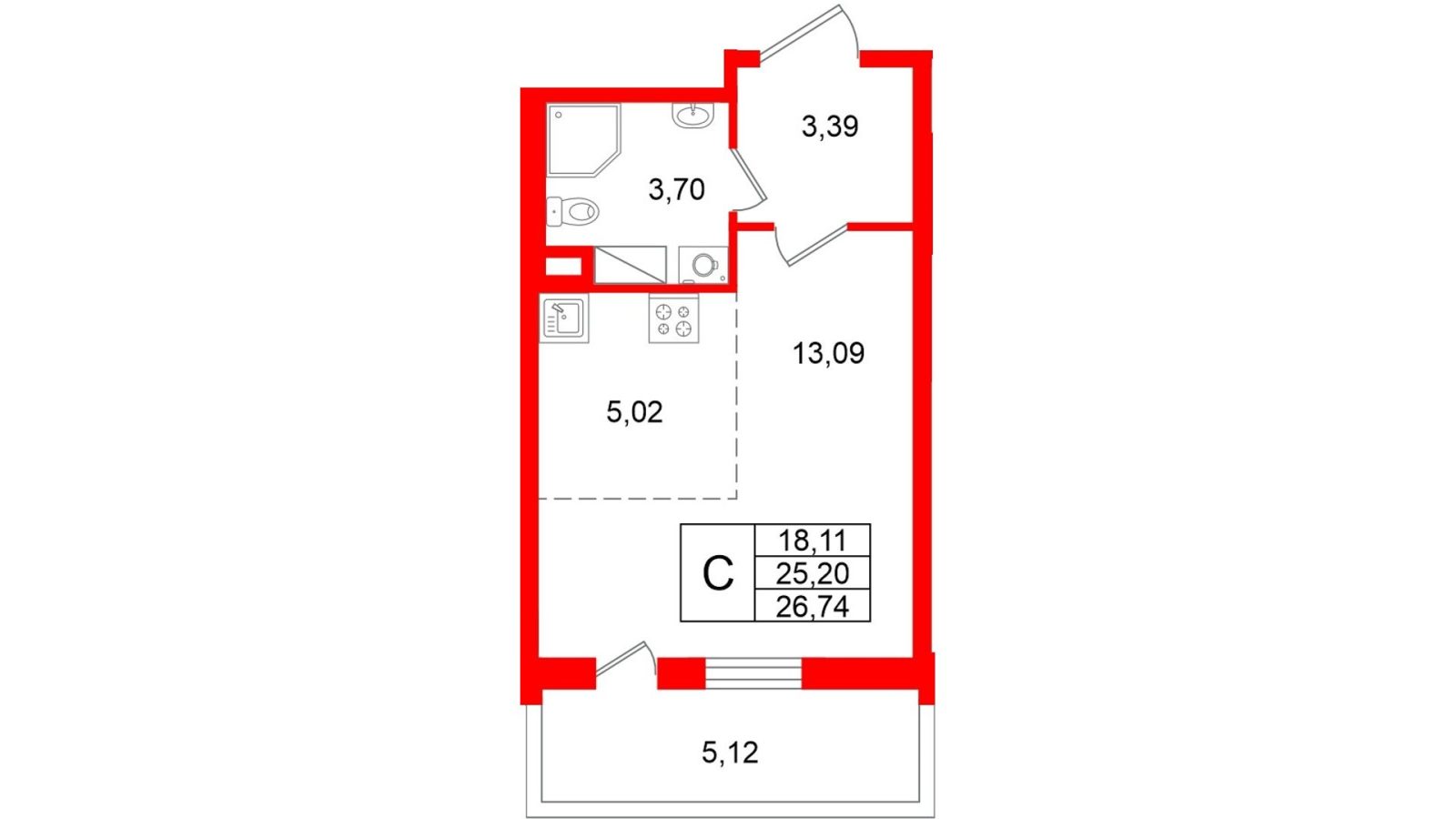 Планировка: студия, 25,2 м²
