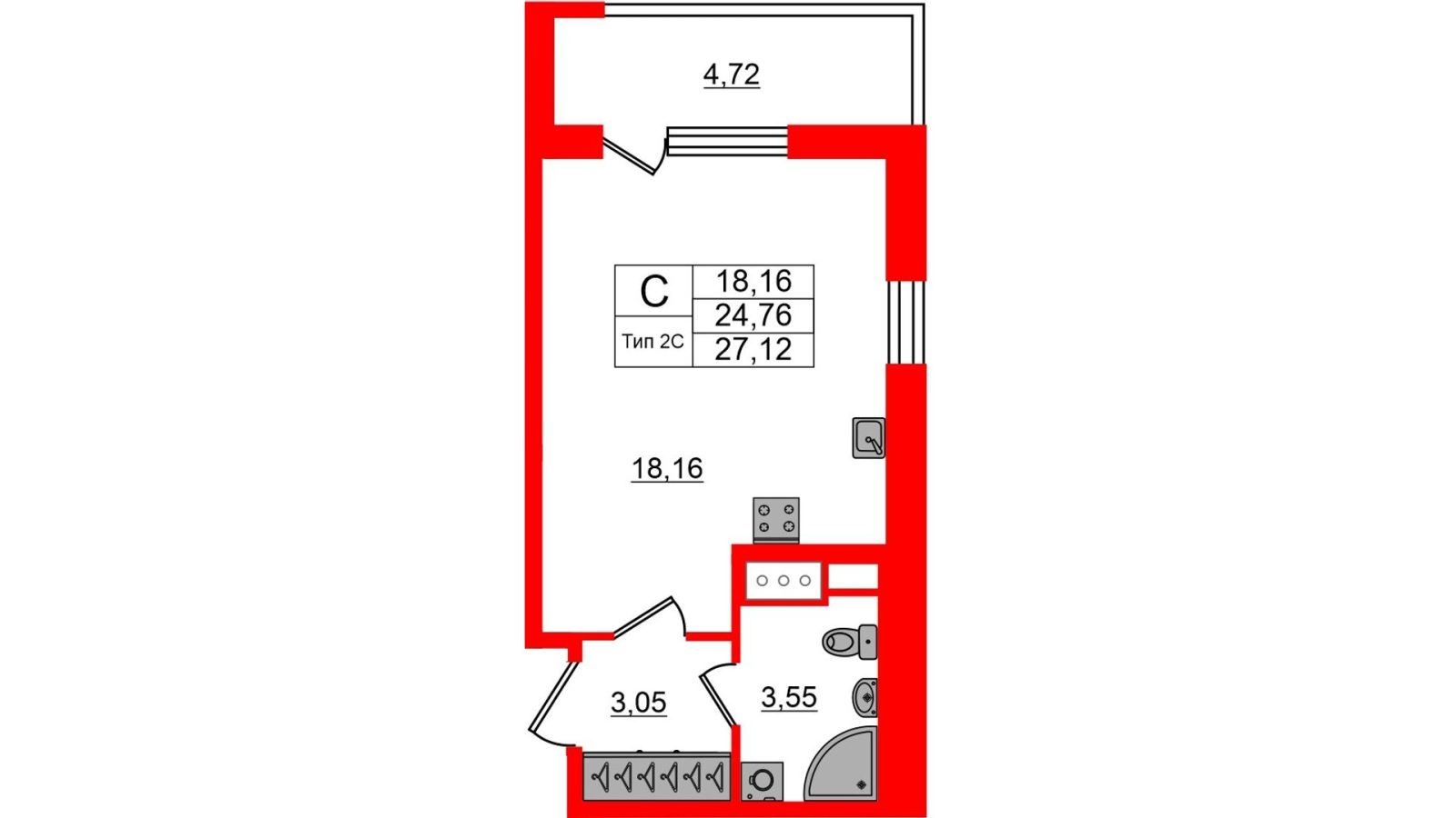 Планировка: студия, 24,8 м²