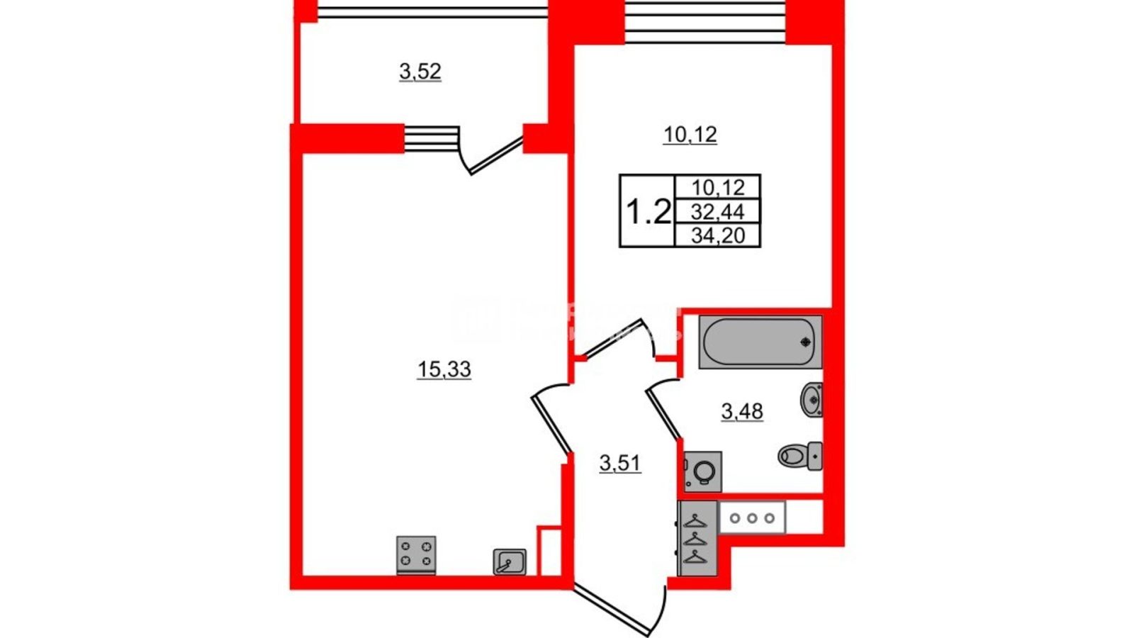 Планировка: 1-комнатная квартира, 32,4 м²