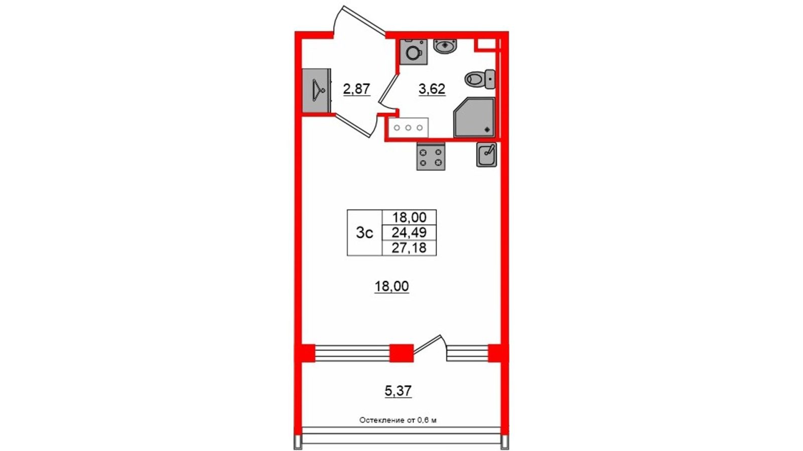 Планировка: студия, 24,5 м²