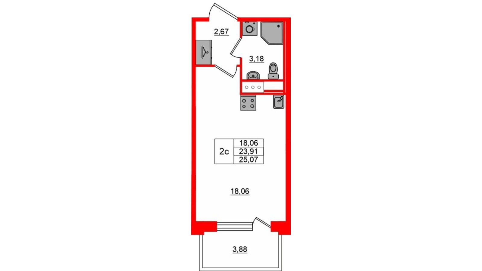 Планировка: студия, 23,9 м²