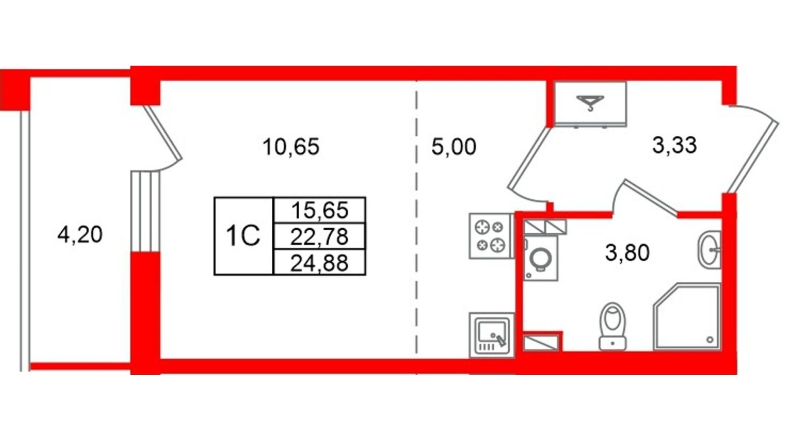 Планировка: студия, 22,8 м²