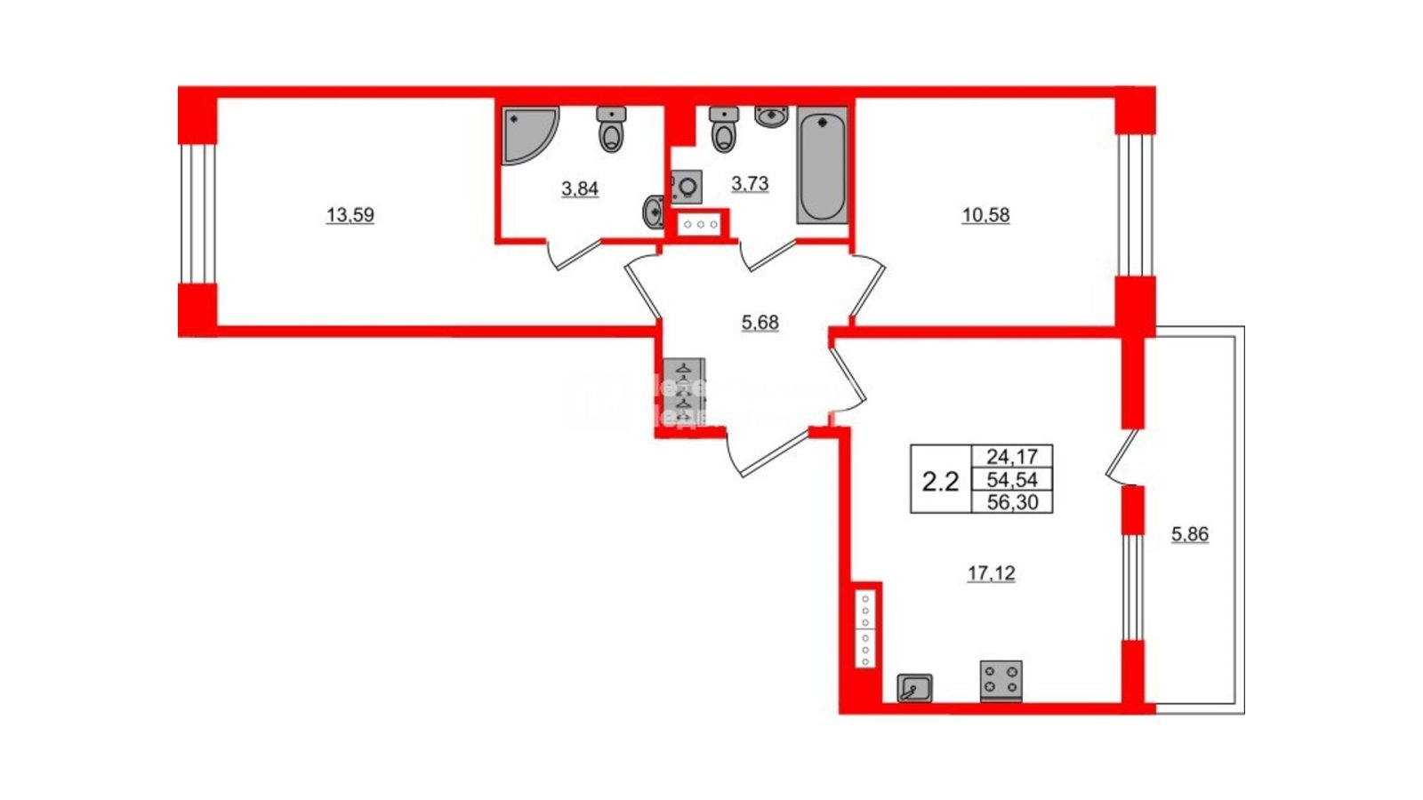Планировка: 2-комнатная квартира, 54,5 м²