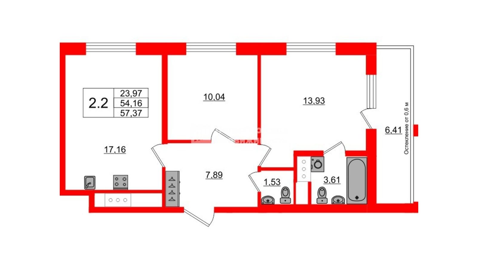 Планировка: 2-комнатная квартира, 54,2 м²