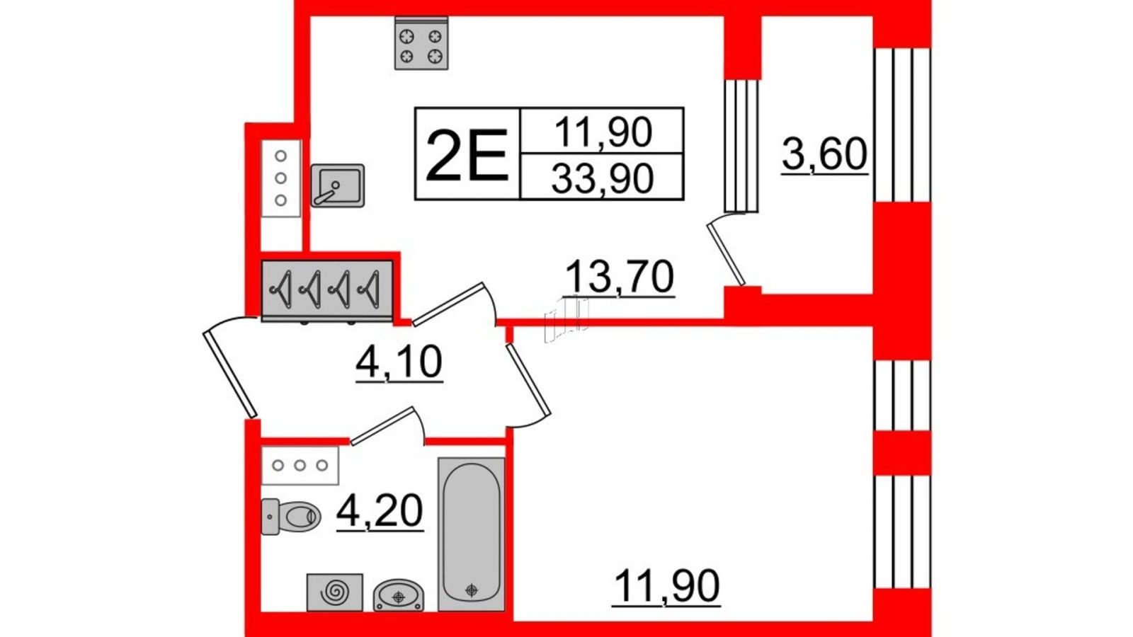 Планировка: 1-комнатная квартира, 33,9 м²