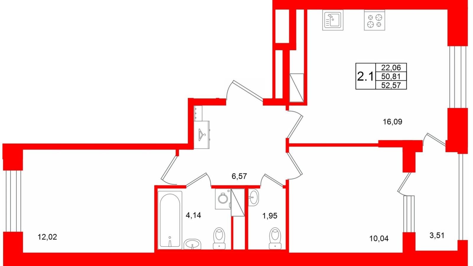 Планировка: 2-комнатная квартира, 50,8 м²