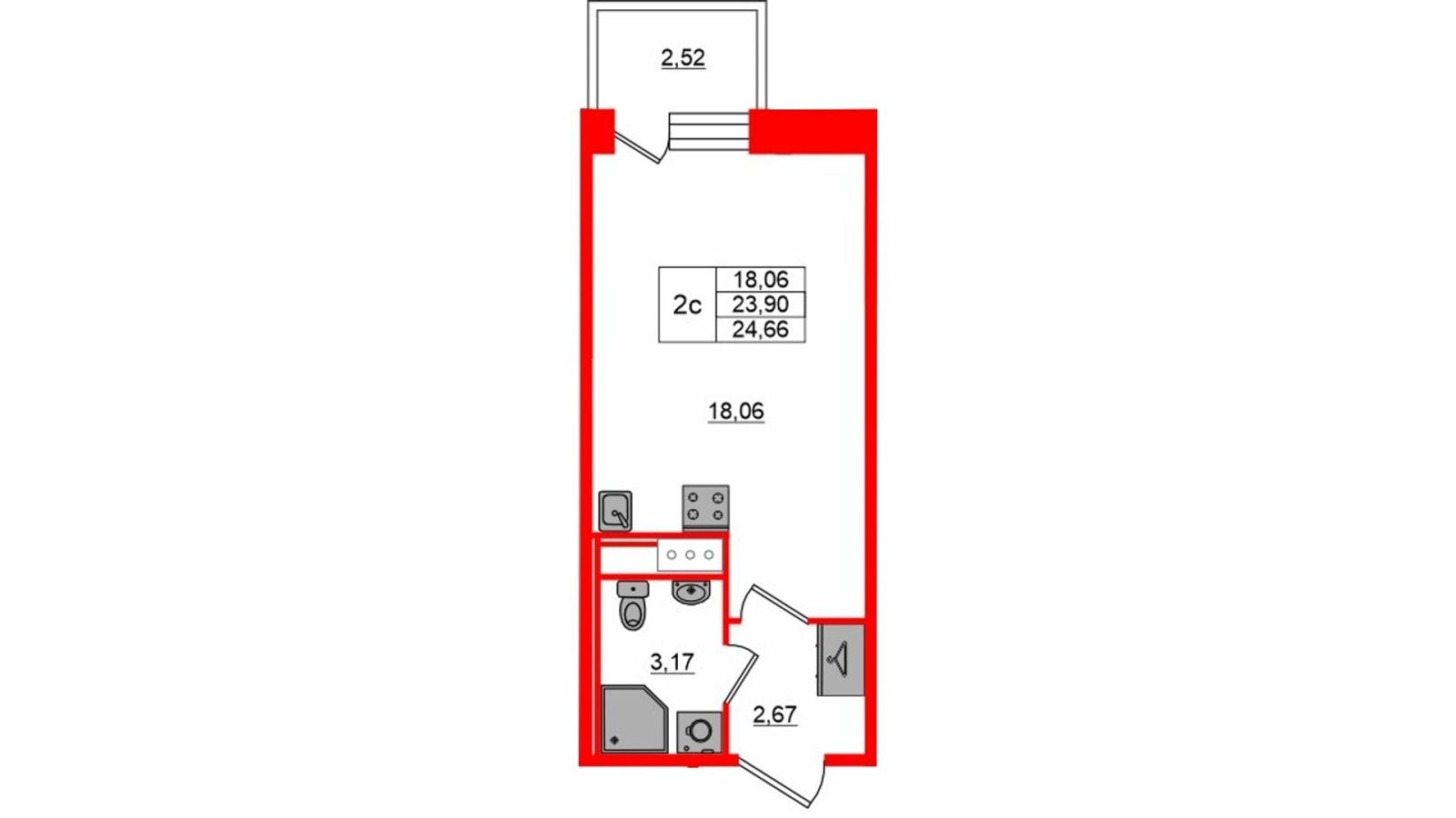 Планировка: студия, 23,9 м²