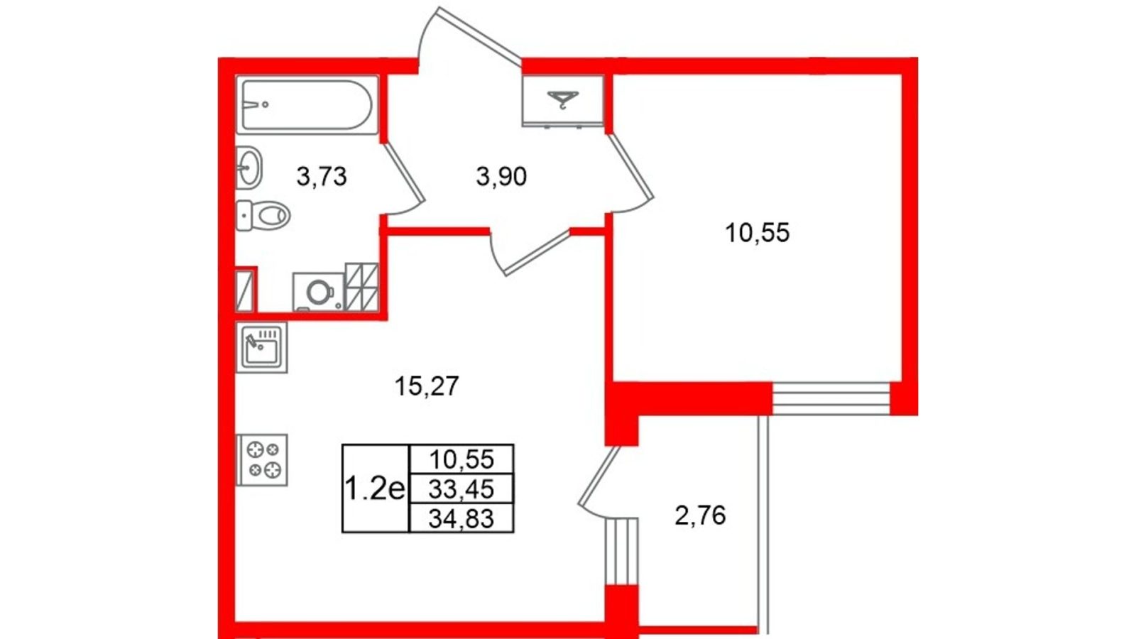 Планировка: 1-комнатная квартира, 33,5 м²