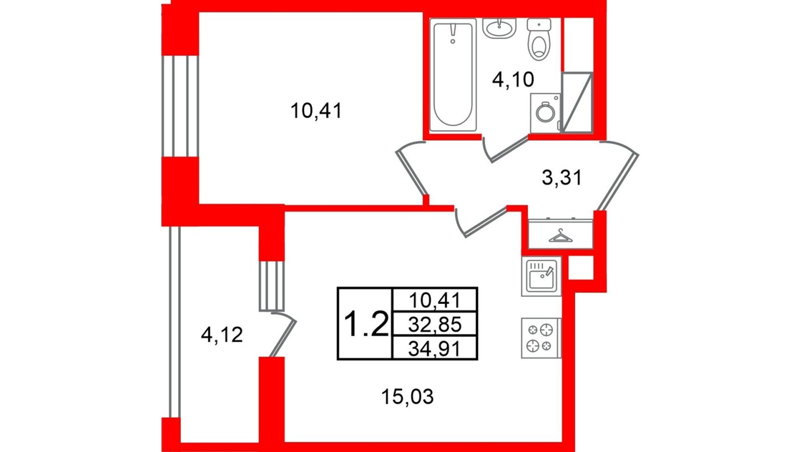 Планировка: 1-комнатная квартира, 32,9 м²
