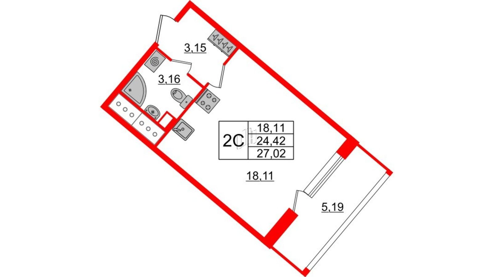 Планировка: студия, 24,4 м²