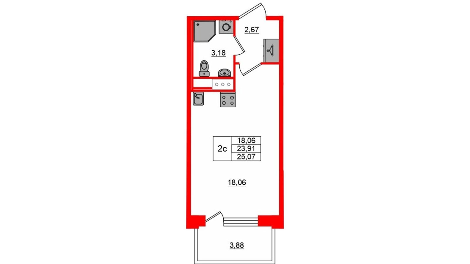 Планировка: студия, 23,9 м²