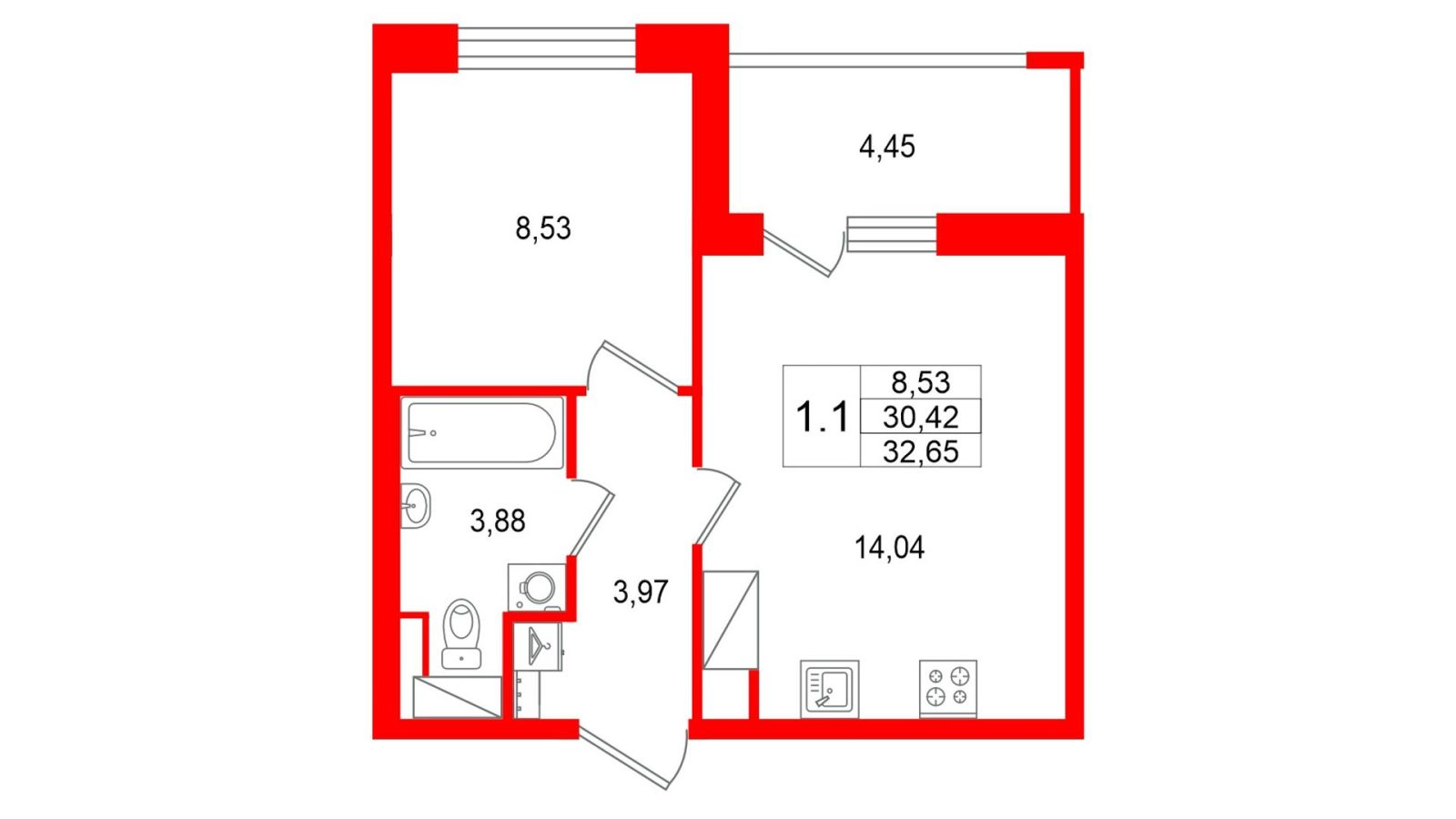 Планировка: 1-комнатная квартира, 30,4 м²