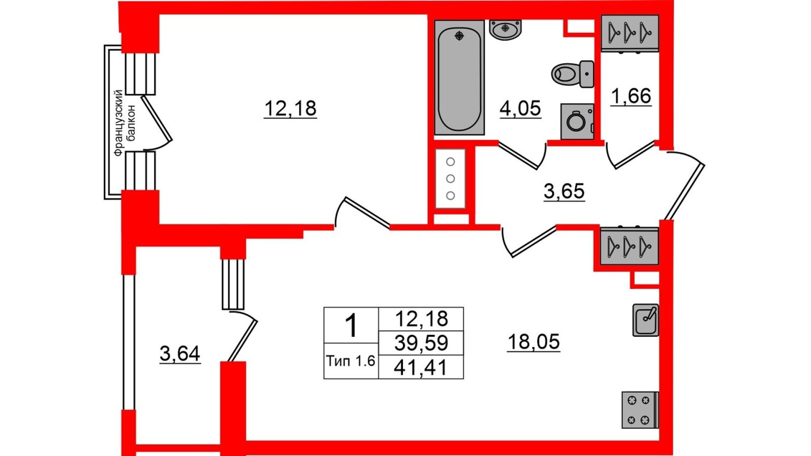 Планировка: 1-комнатная квартира, 39,6 м²