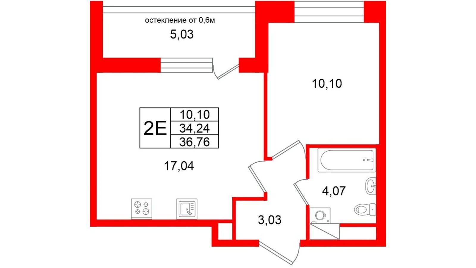 Планировка: 1-комнатная квартира, 34,2 м²