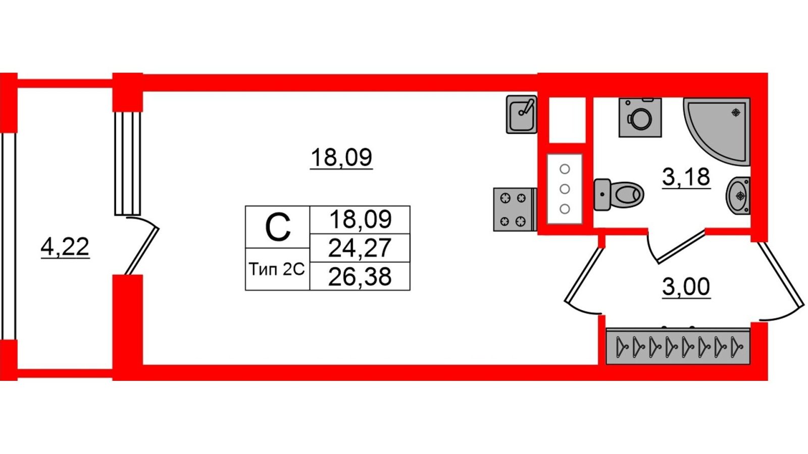 Планировка: студия, 24,3 м²