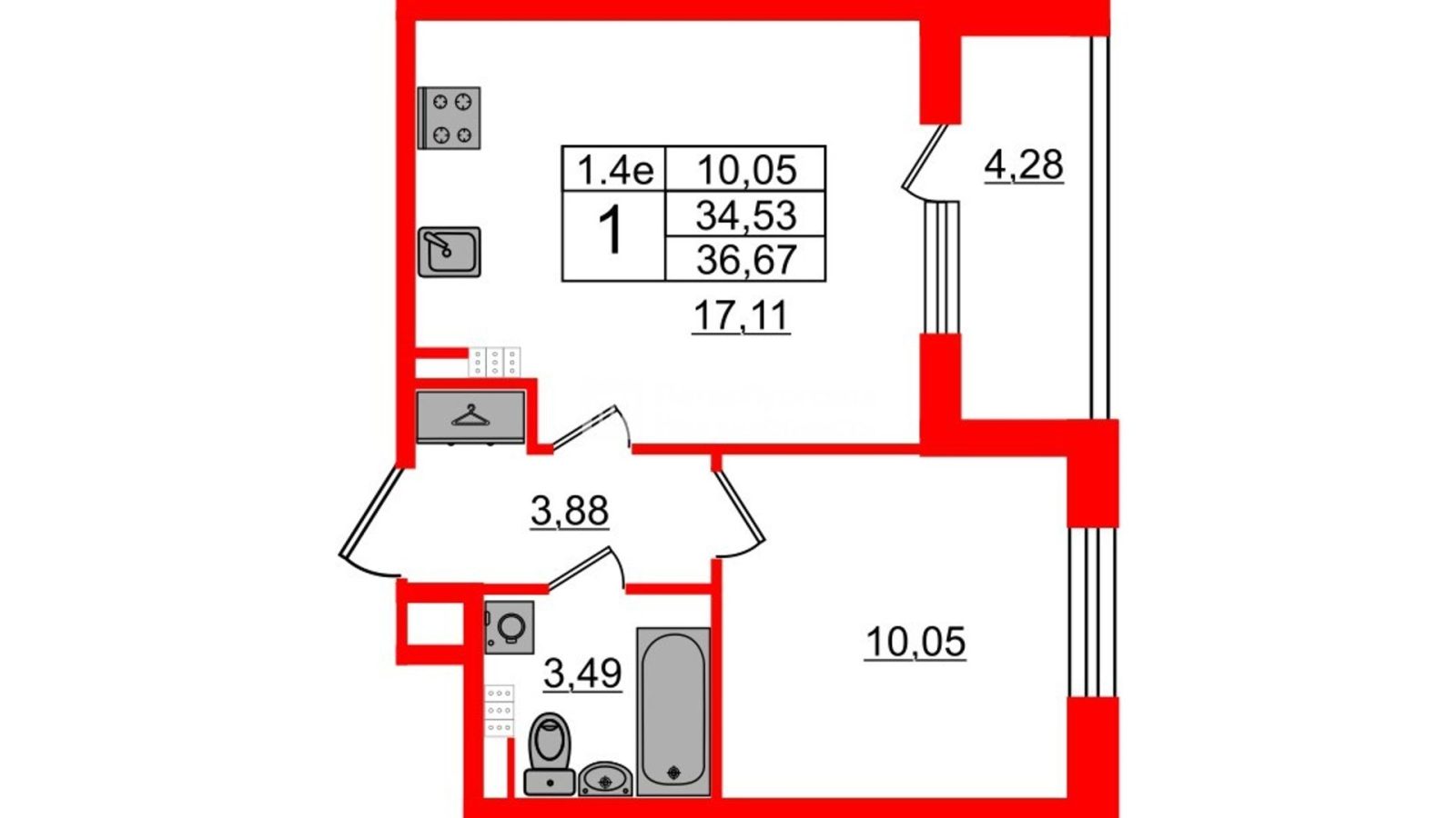 Планировка: 1-комнатная квартира, 33,8 м²