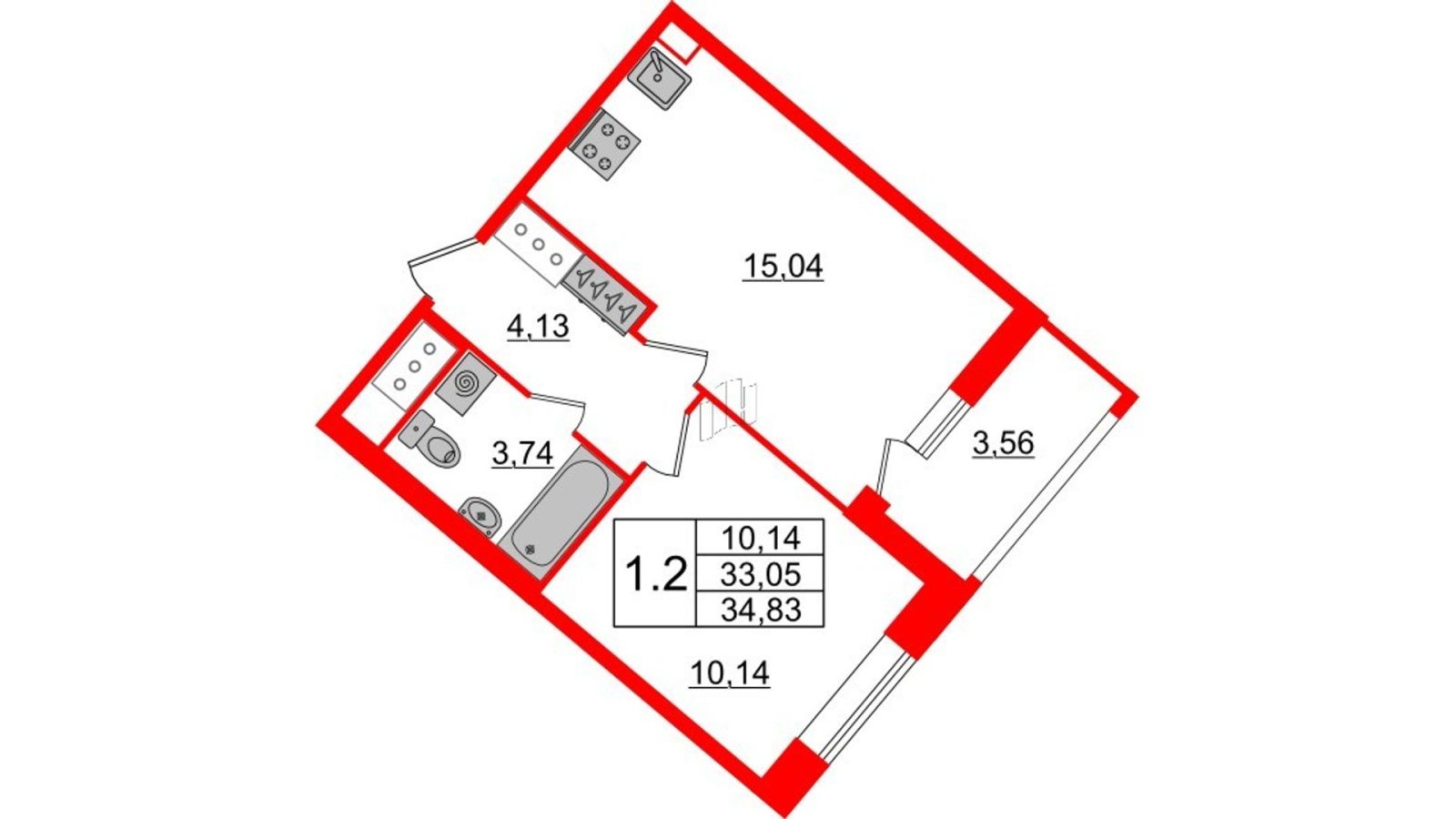 Планировка: 1-комнатная квартира, 33,1 м²