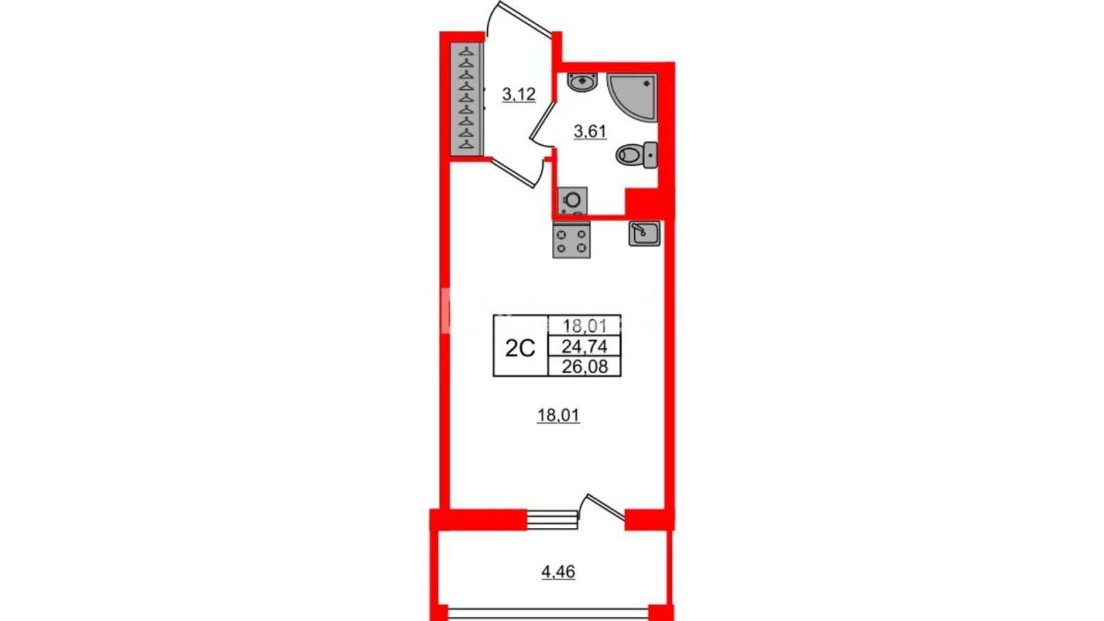 Планировка: студия, 24,7 м²