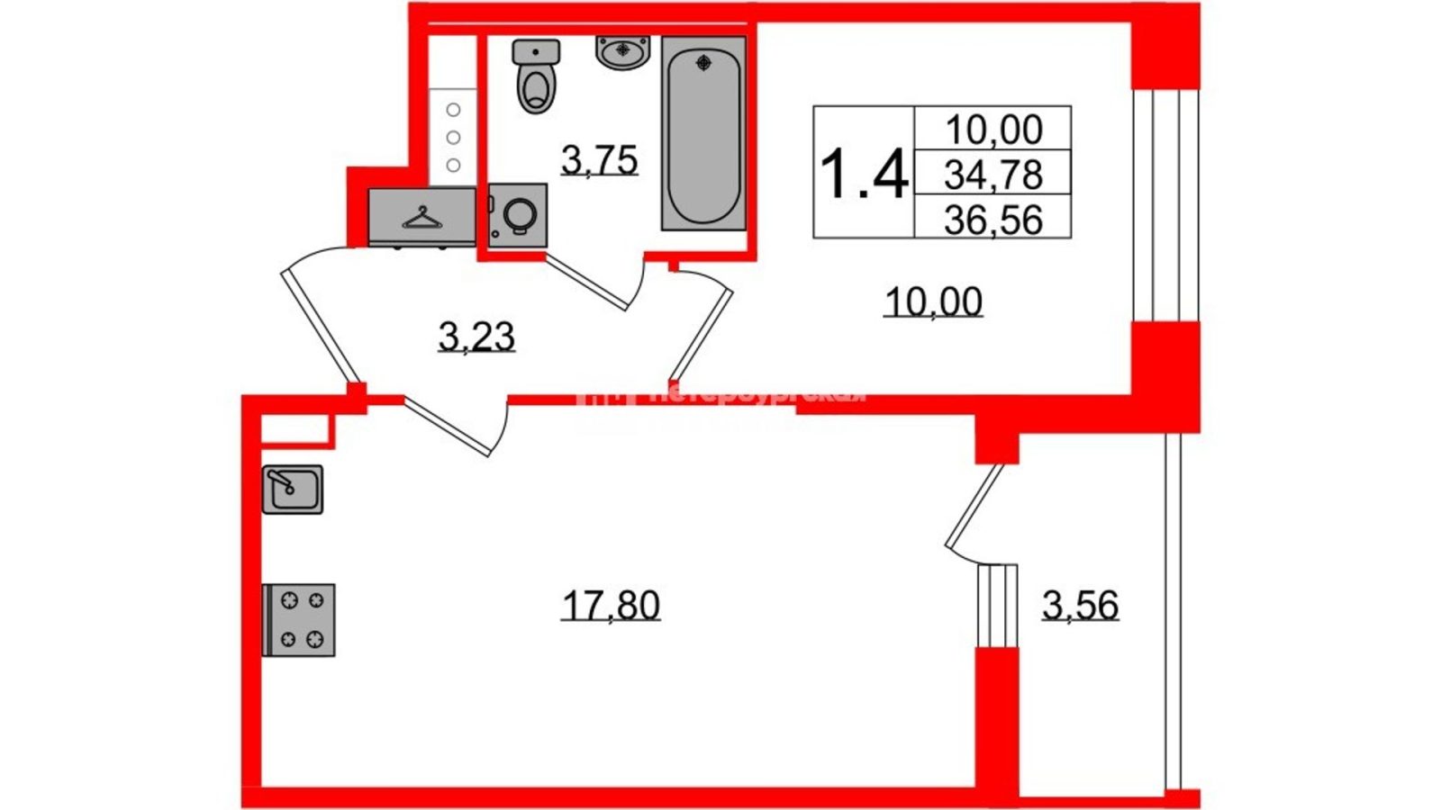 Планировка: 1-комнатная квартира, 34,8 м²