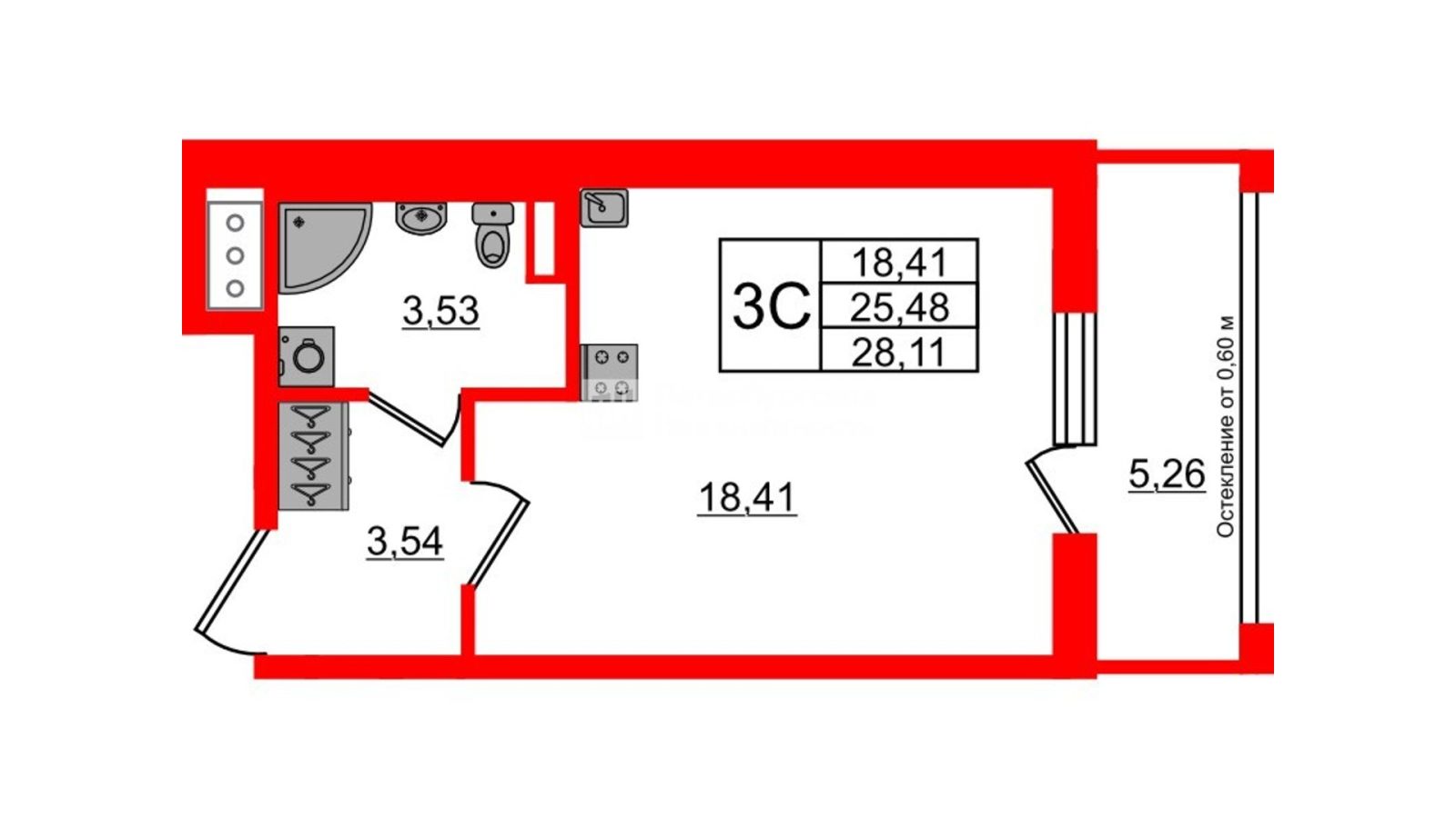 Планировка: студия, 25,5 м²