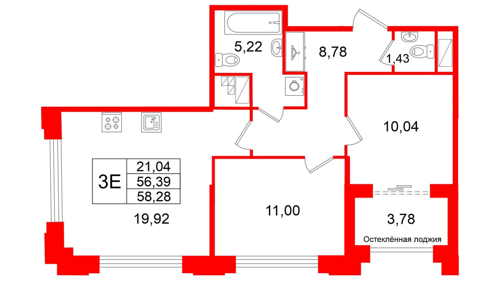 Планировка: 2-комнатная квартира, 56,4 м²