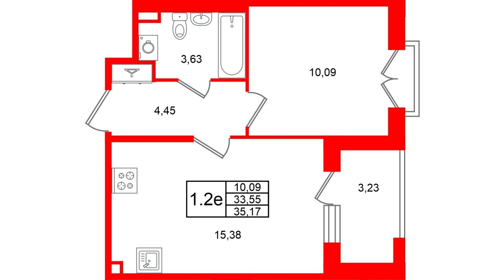 Планировка: 1-комнатная квартира, 33,6 м²